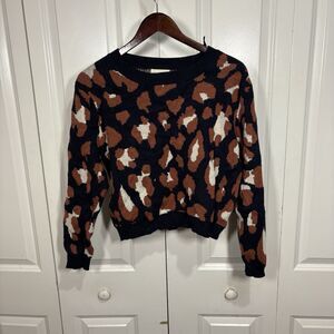 Dreamers Womens M Sweater Brown Black White Leopard Animal Print Boho Fall Cozy